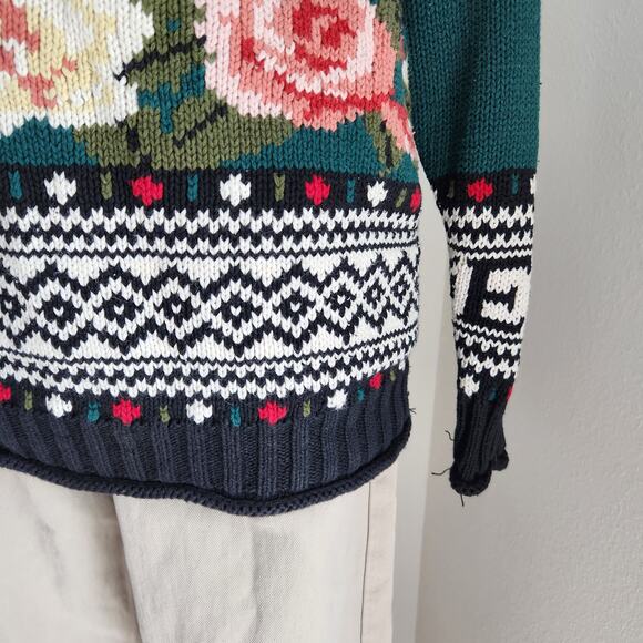Vintage 90s Express Tricot Knit Sweater Floral Fair Isle Mock Neck Whimsigoth M - Picture 5 of 10